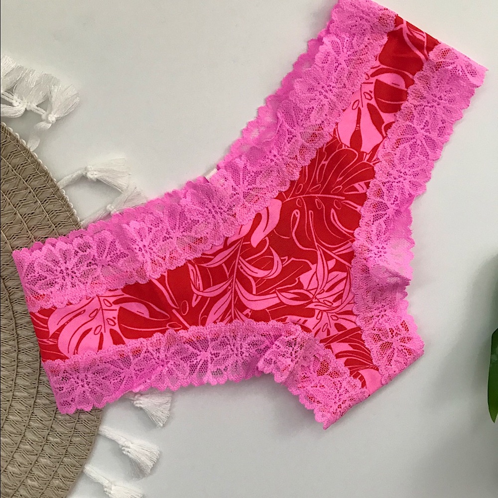Victoria’s Secret PINK Lace Trim Cheekster Panty Fired Up Tropical Leaves NEW